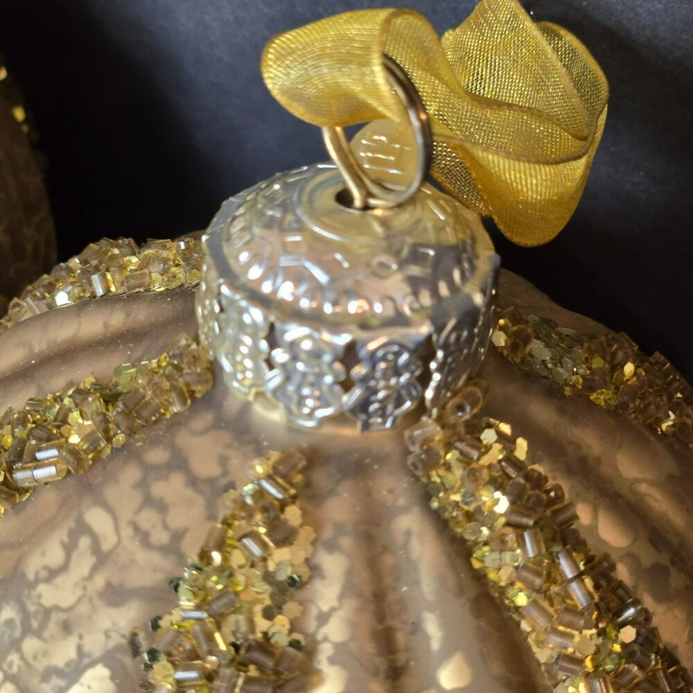 Frontgate Gold Glass Christmas Ornaments Set 2 Beaded Ribbed Crackle Finish 4" - Picture 3 of 7